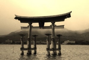 Giant torii gate on Miyajima Island (known as "shrine-island" or Itsukushima formally)